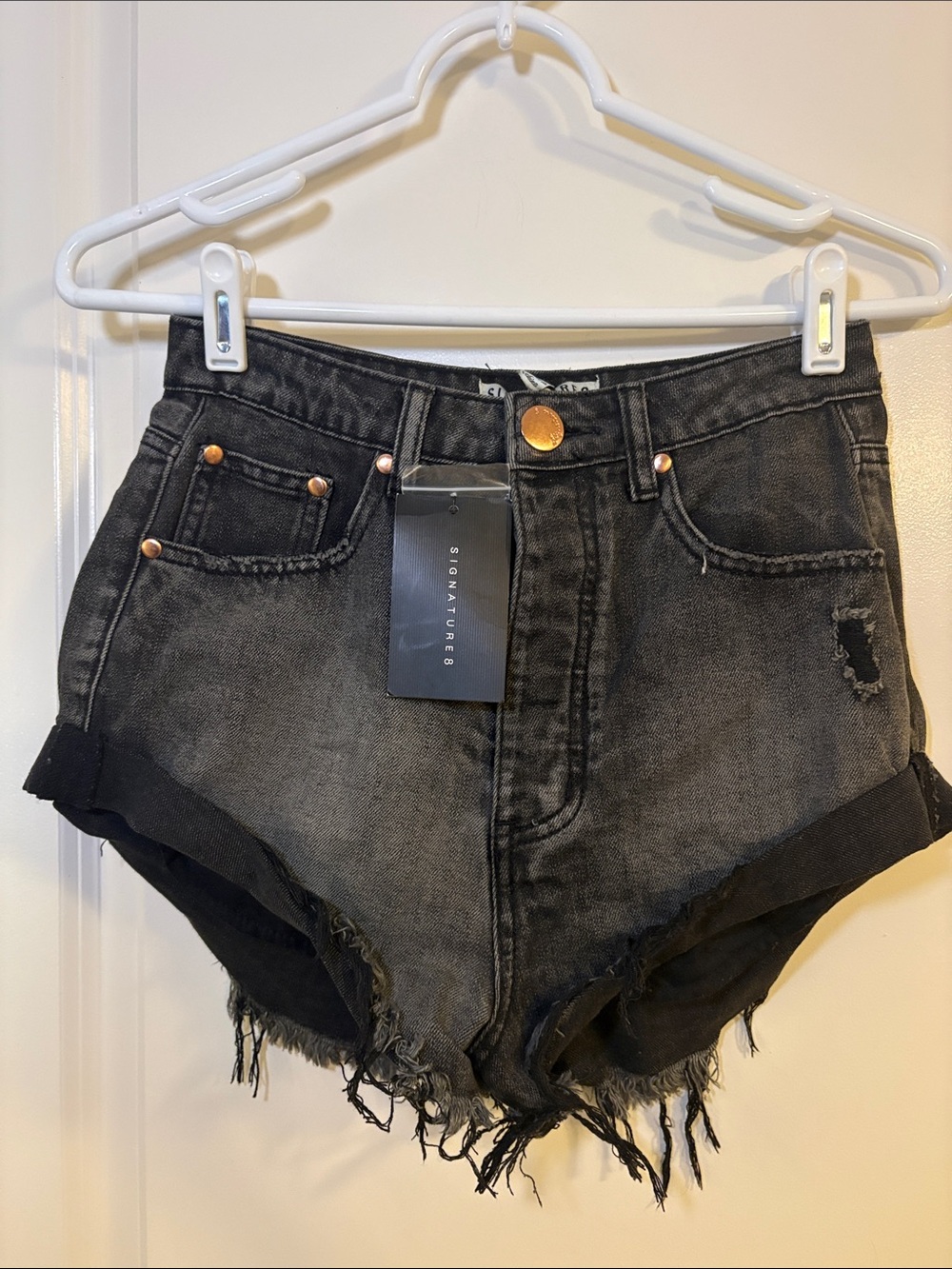 Signature8 Black Washed High-Rise Frayed Denim Shorts